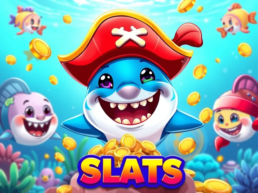 Cheerful blue shark in fishing slot game