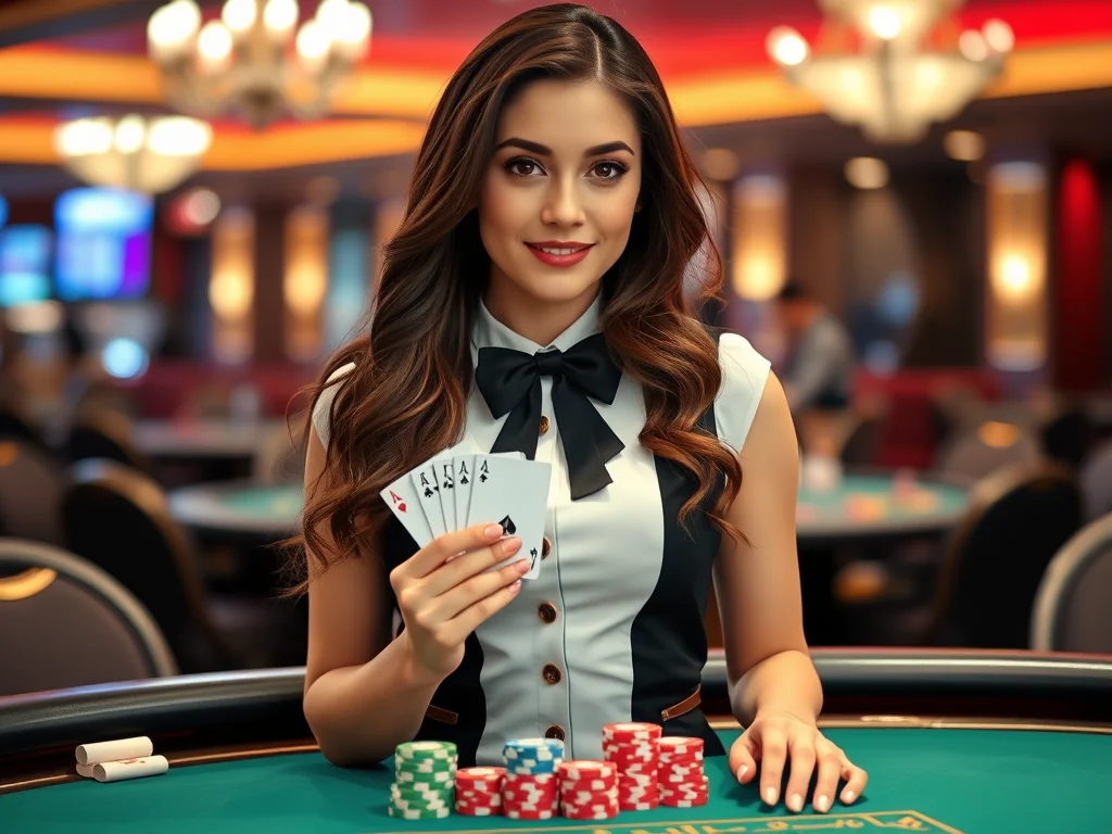 Elegant female poker dealer holding cards