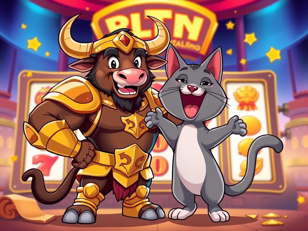 Colorful cartoon bull and cat from slot game