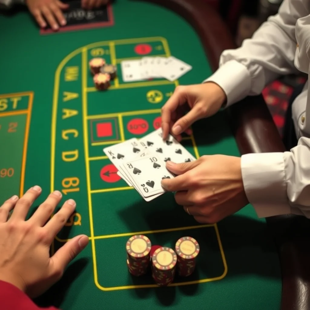 Dealer hands dealing cards at baccarat table